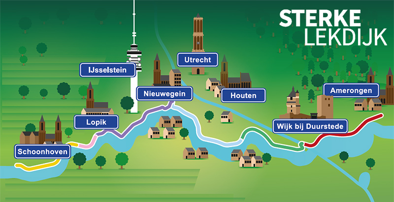 Kaart van alle deeltrajecten van het project Sterke Lekdijk, elk aangegeven met een andere kleur. Op de kaart zijn de plaatsen Schoonhoven, Lopik, IJsselstein, Nieuwegein, Utrecht, Houten, Wijk bij Duurstede en Amerongen aangegeven.
