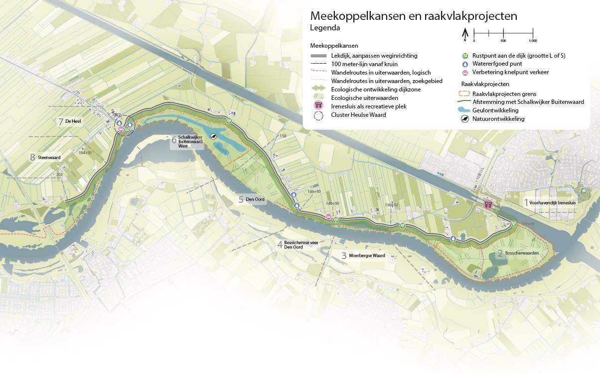 Kaart waarop de meekoppelkansen en raakvlakprojecten van de dijkversterking Irenesluis-Culemborgse Veer te zien zijn).